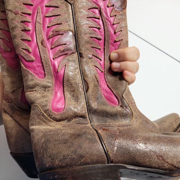 Johnny Ringo Women 8 1/2 B Riding Boot Brown Pink Point Toe Mid Calf Leather - Picture 4 of 15